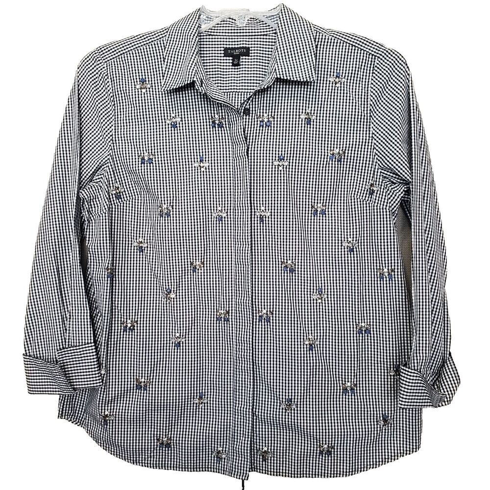 Talbots Petites Black Gingham Embellished Long Sleeve Button-Up Shirt Size LP